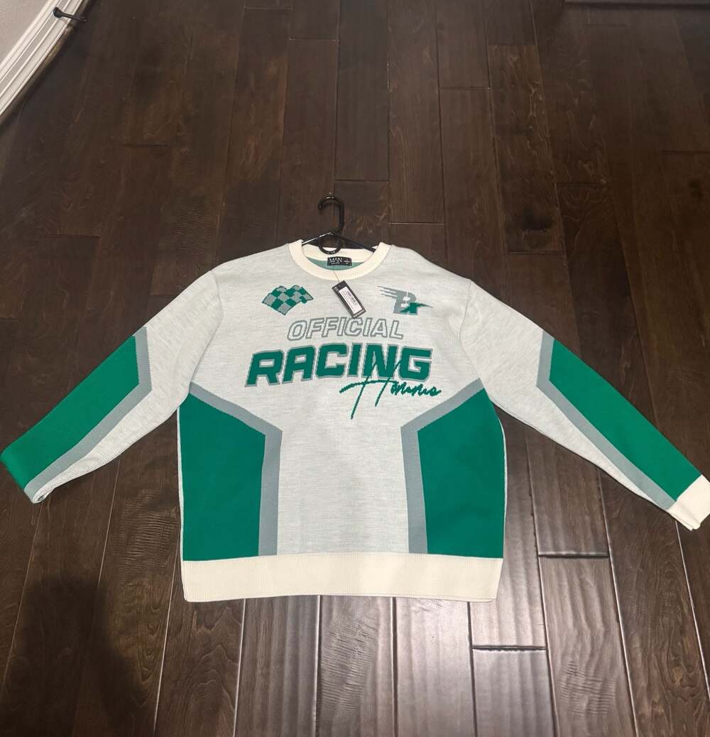 boohooMAN Oversized Boxy Moto Racing Knitted Jumper Size S